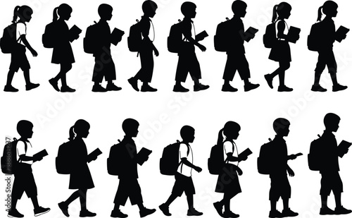 School children silhouettes, walking students, backpacks and books, education theme, black figures, learning journey, uniformed kids, academic routine, study icons
