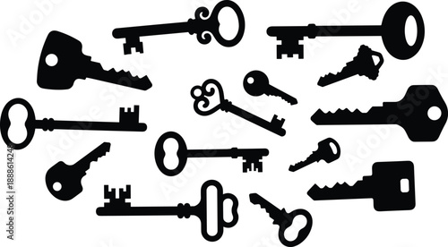 Black vintage and modern key silhouettes set featuring security, antique and door key shapes isolated on white background for locksmith icons, access control concepts and graphic design projects