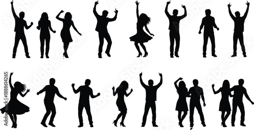 Dancing silhouette collection, expressive poses, energetic movement, black figures, dance gestures, rhythm motion, couple dancing, choreography icons, performance shapes