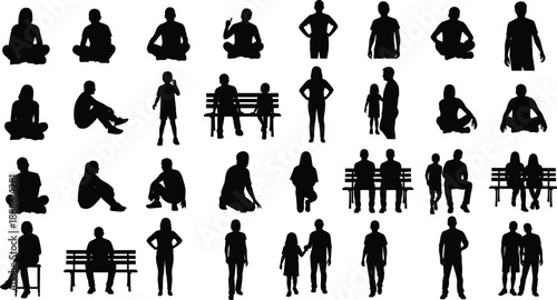 Human silhouette collection, sitting poses, standing figures, walking people, group interaction, black silhouettes, posture variety, social gestures, design elements
