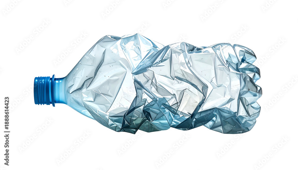 Fototapeta premium Deformed plastic bottle, crushed and transparent against a black background