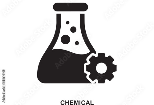 Black icon of a laboratory flask with bubbles and a gear cog, representing chemical industry, science, and engineering