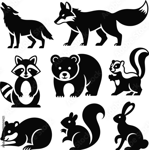 Black and white animal silhouettes including foxes, raccoons, bears, squirrels, chipmunks, and