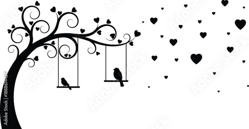 Whimsical tree with two swings and birds silhouette, heart leaves design, black and white art, romantic love scene, playful nature illustration