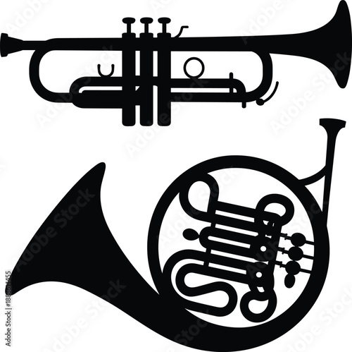 Black and white musical instruments trumpet trombone