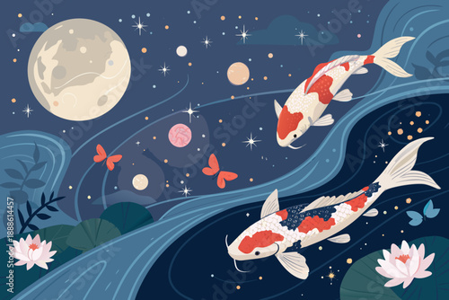 Peaceful Koi Fish Floating Dreamy Galaxy Nig Premium Digital Asset Great for Commercial Projects