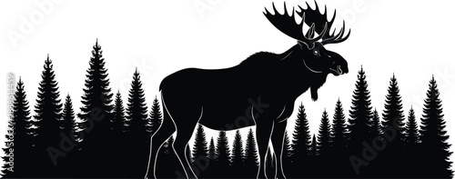 Moose silhouette with forest background, wildlife illustration, black and white art, conifer trees design, nature scene, woodland animal artwork