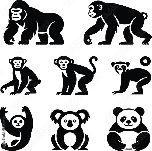 Black and white cartoon animals including monkeys and pandas