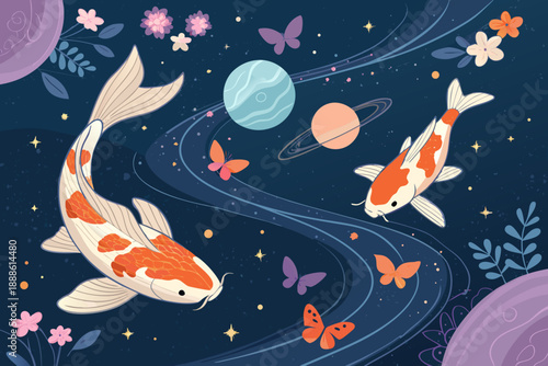 Peaceful Koi Fish Floating Dreamy Galaxy Nig Premium Digital Asset Suitable for Design