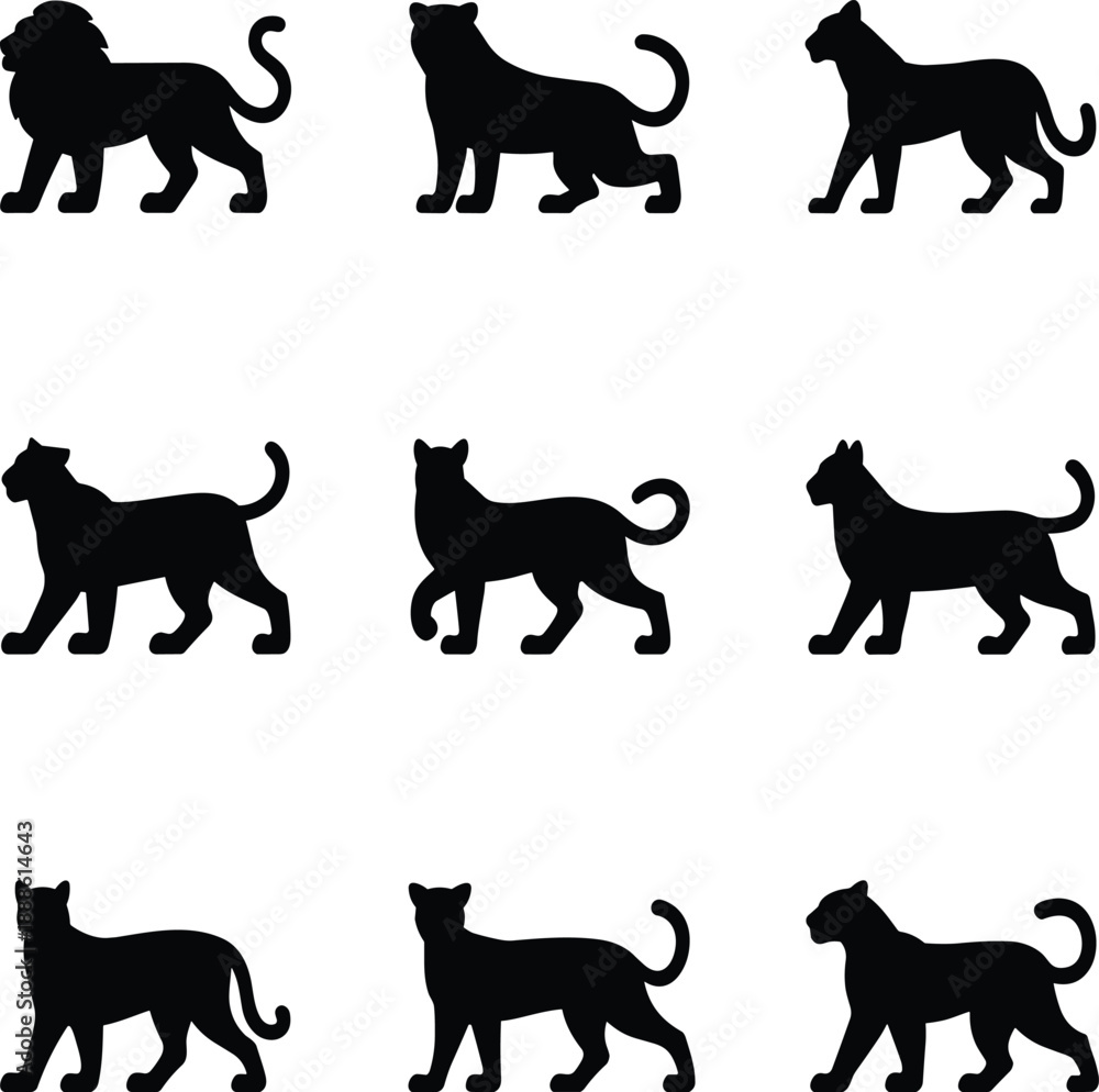 Fototapeta premium Nine Black Silhouettes of Big Cats Walking lion