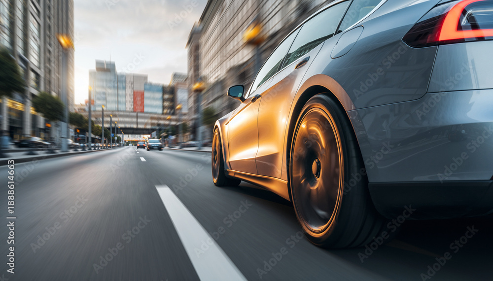 Fototapeta premium EV Car on street, blur motion, Close up
