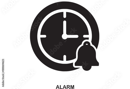 Black flat icon of a clock with bell indicating alarm, alert, time, and notification symbol on white background, vector graphic