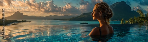 Serene woman enjoys warm sunset light while relaxing in an infinity pool overlooking a tropical lagoon and mountains