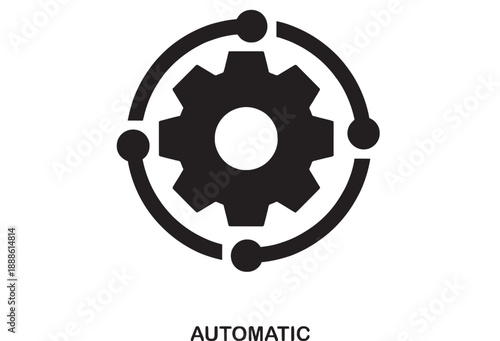 Simple black flat design icon of a gear with three orbiting dots and connecting arcs, representing automation, process, or technology. Clean graphic resource.