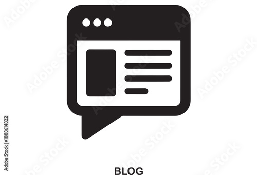 Flat black icon symbolizing a blog post or online article within a speech bubble interface on a white background