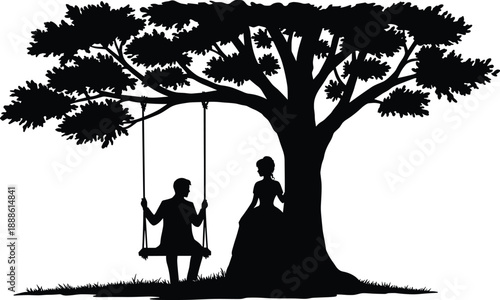 Tree with swing and couple silhouette, romantic love scene, black and white art, outdoor nature design, affection, timeless emotional moment