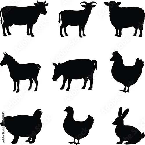 Silhouettes of various farm animals in black animal silhouettes