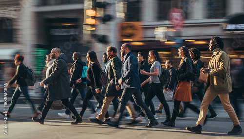 Group of diverse people walk motion blur and movement city.