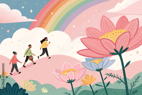 Tiny People Walking Across Giant Flower Petals Creative Visual Great for Commercial Projects