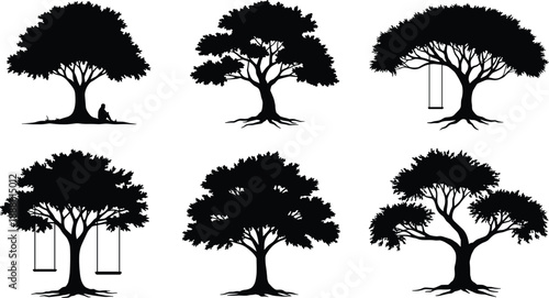 Tree silhouettes illustration set, six unique tree designs, black and white nature art, swing and person variations, outdoor landscape elements