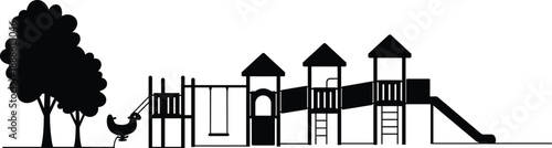 Playground silhouette illustration, children playing on swing and slide, outdoor park design, family recreation, trees, childhood nostalgia, fun, nature
