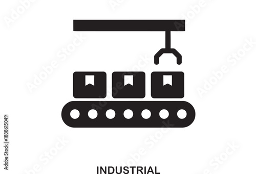 Automated factory conveyor belt with robotic arm moving boxes, minimalist flat design icon symbolizing production and logistics efficiency