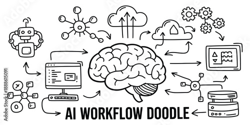 hand drawn AI workflow doodle illustration featuring artificial intelligence robot neural network data flow and technology sketch creative hand sketched style for digital design and education