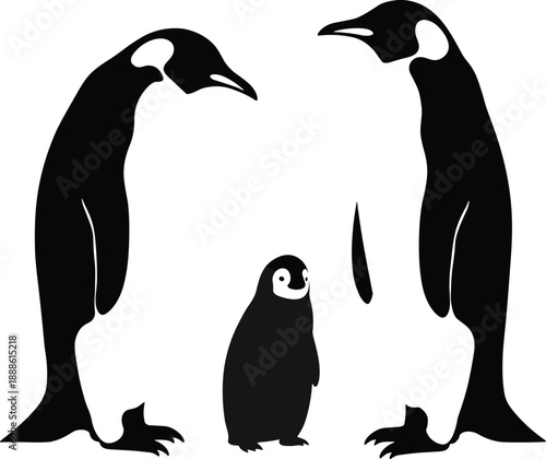 Penguin family illustration, parent and chick together, black and white birds, wildlife art, Antarctic animals, parental care, love, Antarctic animals, parental care, love, nature design