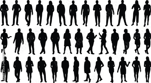 Silhouettes of diverse individuals in casual and business attire, standing in varied poses, ideal for posture studies, fashion design, and demographic visuals.