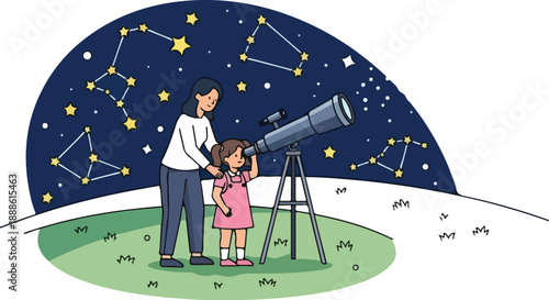 Man and girl gazing at stars together through a telescope on a clear night
