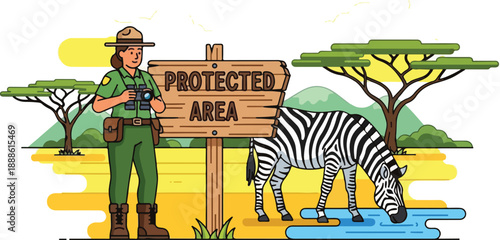Conservation Officer Standing Beside Zebra Drinking at Watering Hole in Protected Area, Vector Illustration