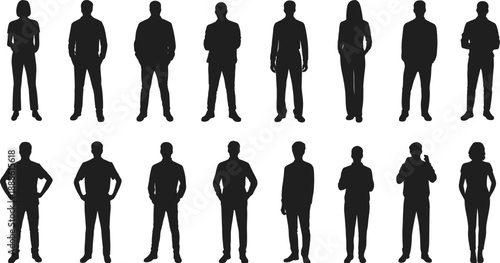 Silhouettes of diverse individuals in casual standing poses, ideal for posture studies, demographic visuals, and human figure reference in design projects.