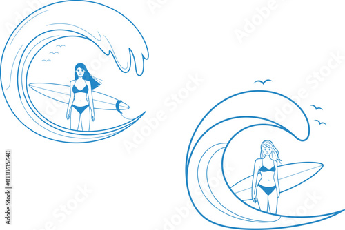 Surfer Girl Riding Waves in Blue Line Art Illustration Logo Vector Design Template for Business and Identity