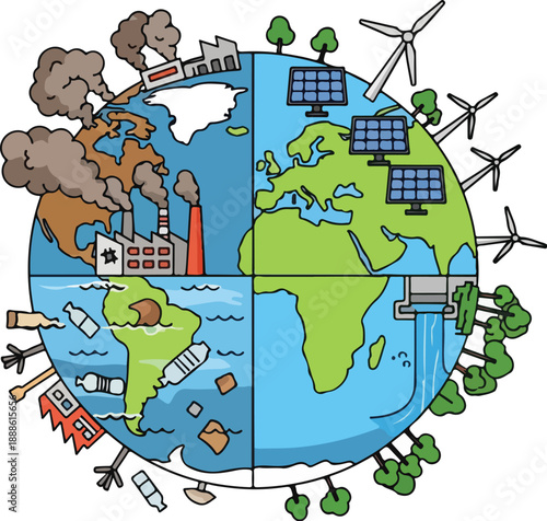 Global Environment Illustration Showcasing Pollution and Renewable Energy Sources Around the Earth from a Cosmic Viewpoint