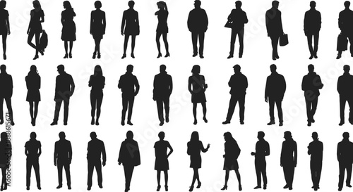 Silhouettes of diverse individuals in casual and professional standing poses, ideal for fashion design, posture studies, and demographic illustration projects.