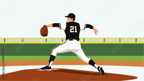 Flat vector of a baseball pitcher seen from behind throwing a fastball over the mound, a symbol of power, accuracy, and athletic focus in professional sports.