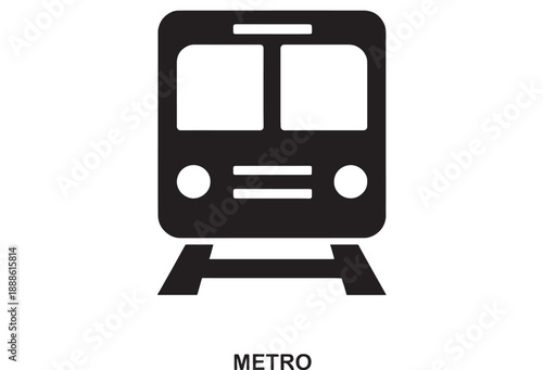 Flat black icon representing a metro train front view with headlights and tracks, symbolizing public transportation and urban commuting.