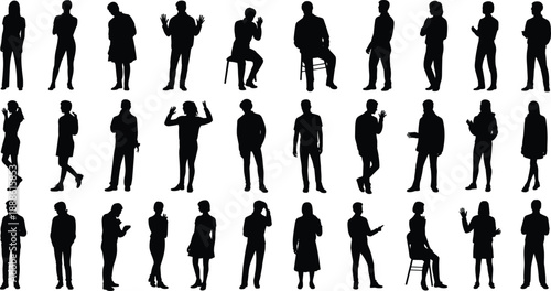 Silhouettes of diverse individuals in standing and seated poses, ideal for gesture studies, posture analysis, and inclusive design or illustration projects.