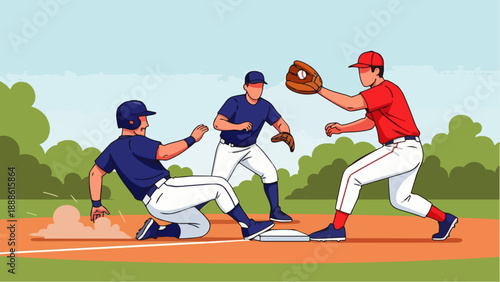 Flat vector illustration depicting adults playing baseball on an outdoor field, symbolizing fun, exercise, togetherness and learning.