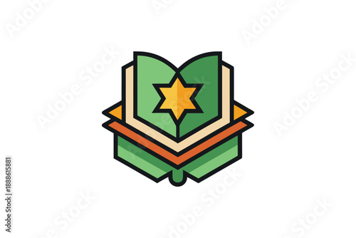 Jewish torah book icon with golden star of david and green covers for religious education and culture