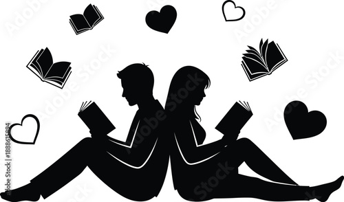 Couple reading books surrounded by hearts a beautiful silhouette on transparent background