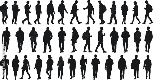 Silhouettes of diverse individuals walking and standing in casual poses, ideal for motion studies, crowd simulation, and inclusive design applications.