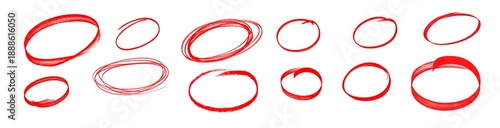Highlight hand drawing different circles isolated on white background, Handwritten red circle For marking text