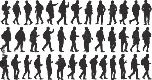 Silhouettes of diverse individuals walking in expressive poses, ideal for motion studies, crowd simulation, and inclusive design or animation projects.