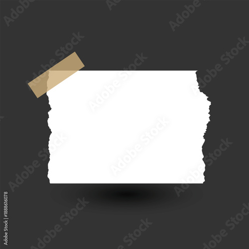 Torn White Paper Note with Tape on Gray Background, Ripped Paper Texture Frame