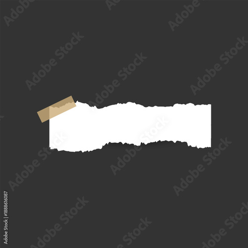 Torn White Paper Note with Tape on Gray Background, Ripped Paper Texture Frame