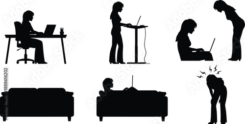 Diverse people working and relaxing in silhouette on transparent background