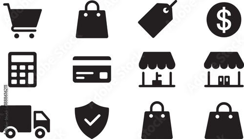Black for shopping and commerce on white background shopping cart price tag dollar calculator