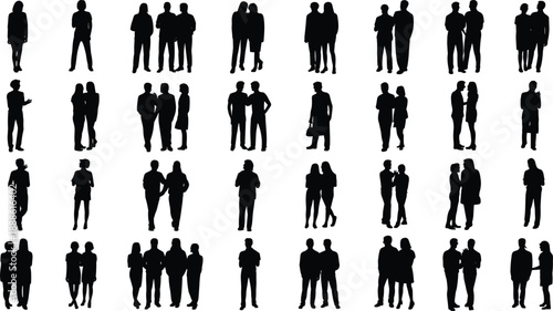 Silhouettes of individuals in solo, pair, and group interactions, ideal for social behavior visuals, communication studies, and inclusive design applications.