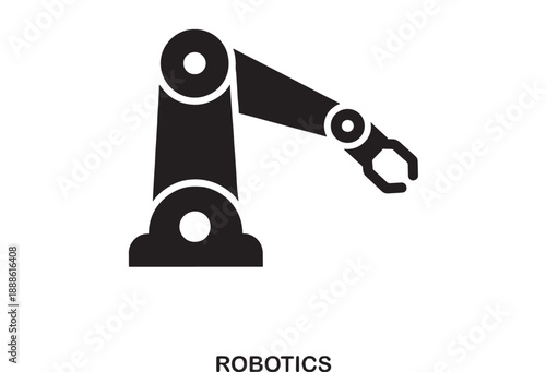 Black flat design icon of an industrial robotic arm with articulated joints and a claw gripper, symbolizing automation and manufacturing